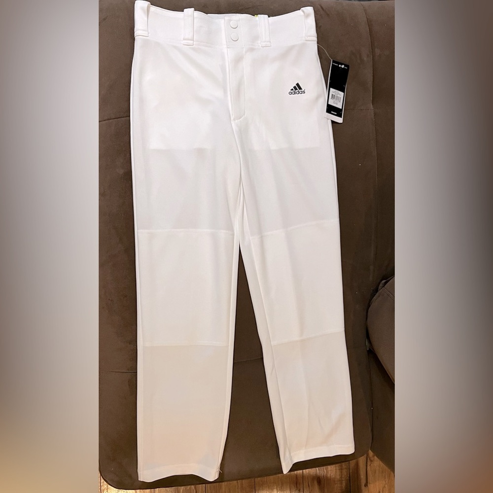 White Adidas Boys Triple Stripe Open Bottom Baseball Pants size Medium.
